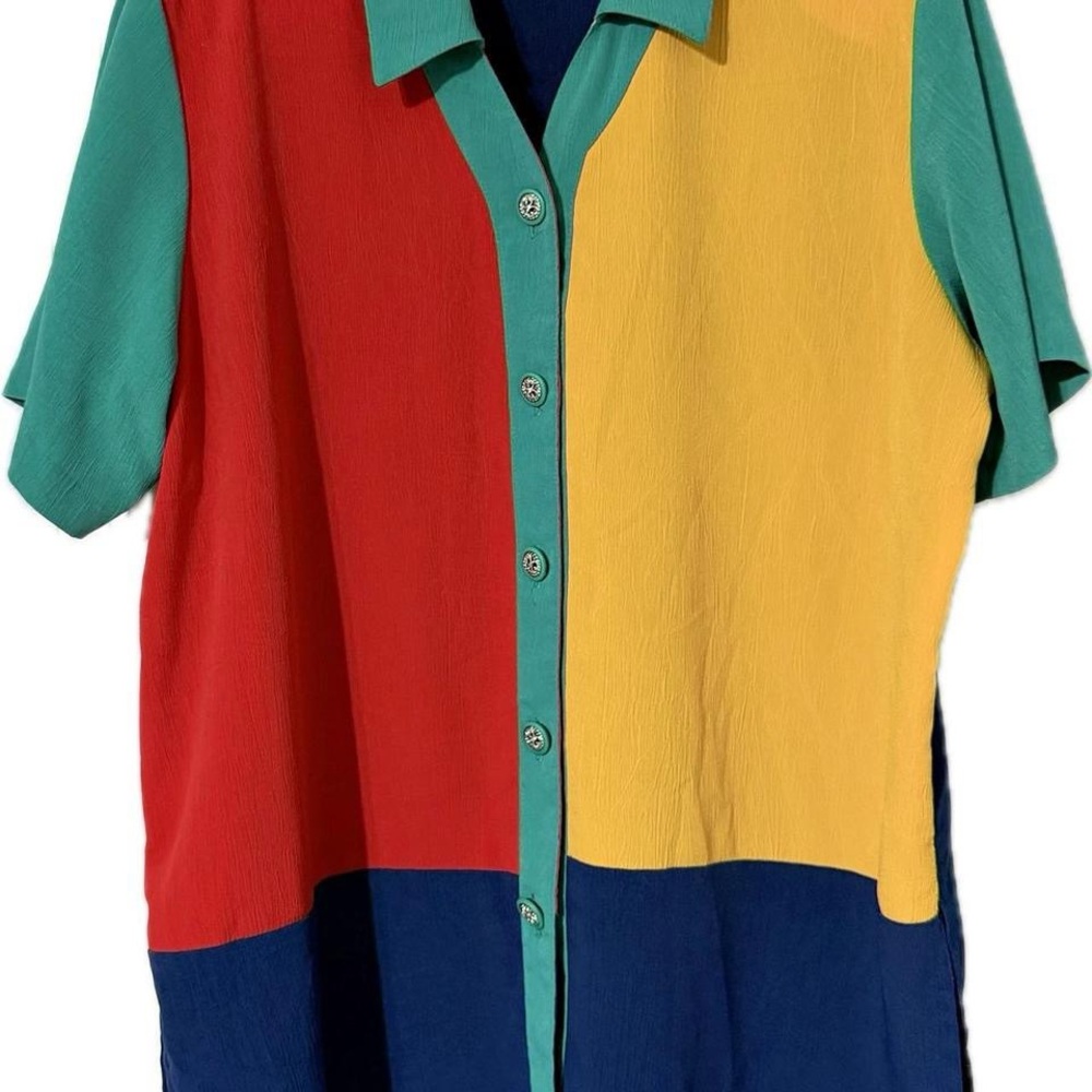 Colorblock Short Sleeve Button-Up Shirt - Green, Red, Yellow, Blue